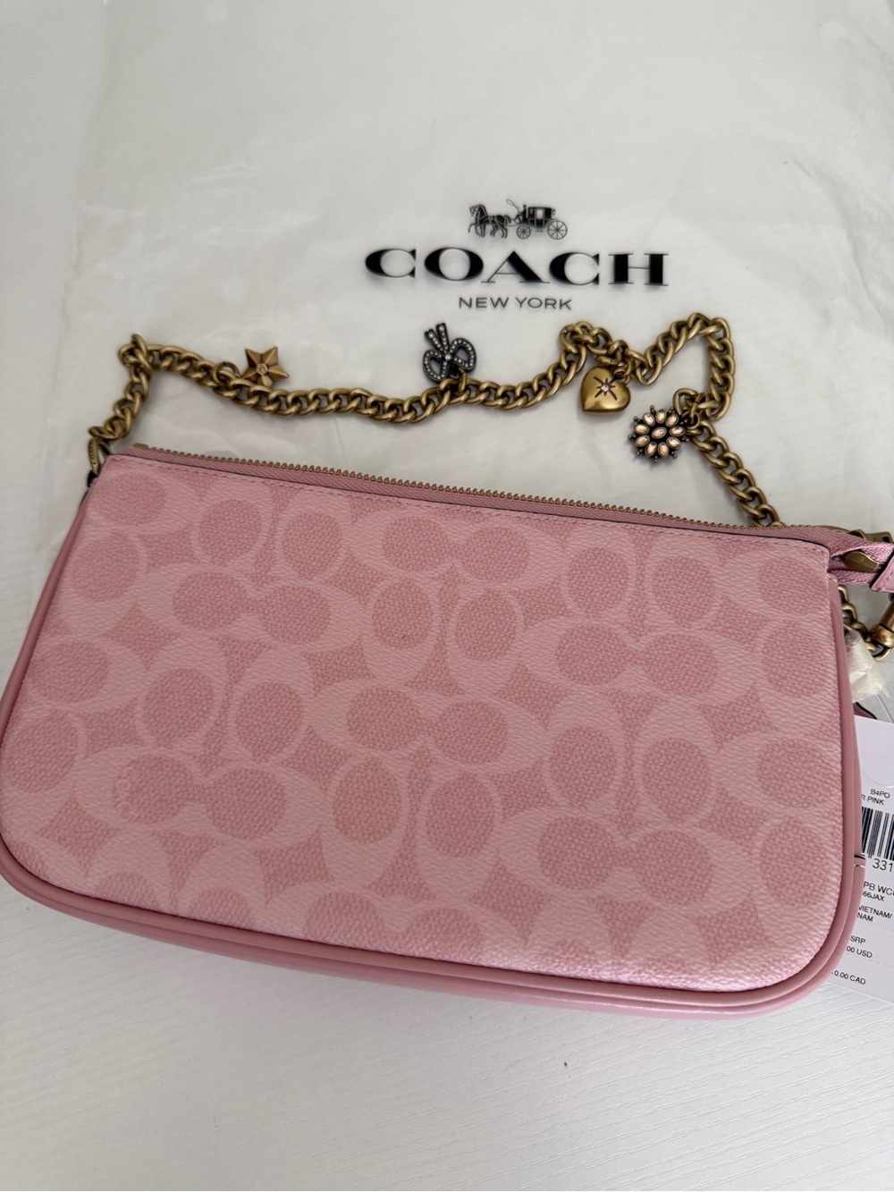 NWT COACH Powder Pink Plaza Bag w/ Chain Charm Strap Brass Signature Canvas